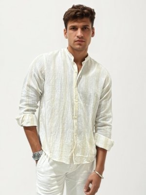 Striped Linen Mandarin Collar Shirt