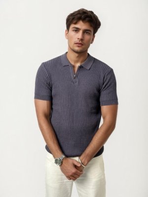Grey Half Zip Knitted Polo Shirt