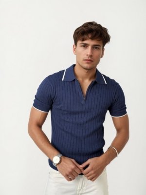 Navy Blue Half Zip knitted Polo Shirt
