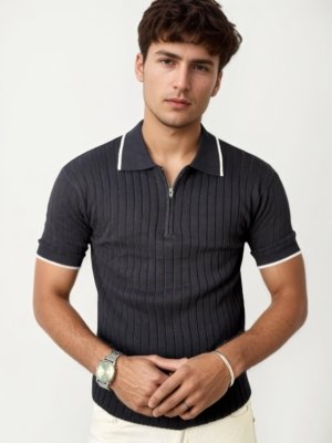 Black Half Zip Knitted Polo Shirt
