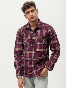 Wine Double Pocket Checked Shirt