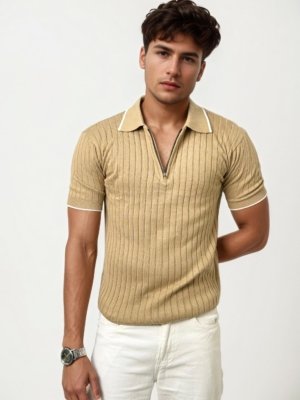 Beige Half Zip Knitted Polo Shirt