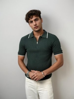 Green Half Zip Knitted Polo Shirt