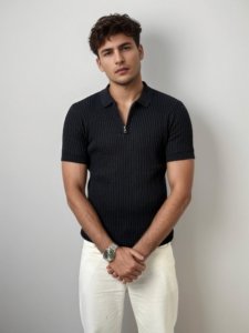 Black Half Zip Knitted Polo Shirt