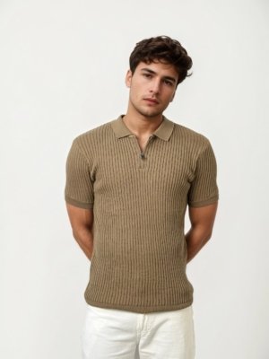 Brown Half Zip Knitted Polo Shirt