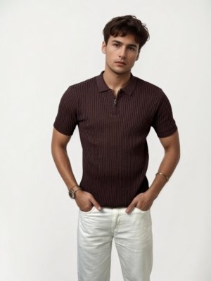 Dark Brown Half Zip Knitted Polo Shirt