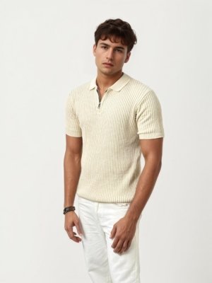 Beige Half Zip Knitted Polo Shirt