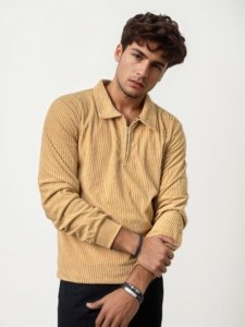 Beige Corduroy Full Hand Collared T-Shirt