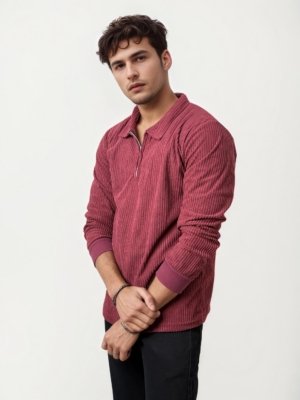 Mauve Corduroy Full Hand Collared T-Shirt
