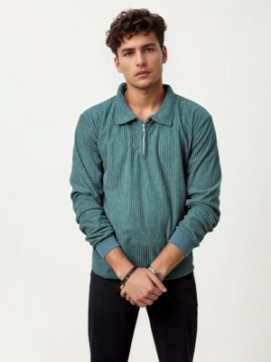 Dark Green Corduroy Full Hand Collared T-Shirt