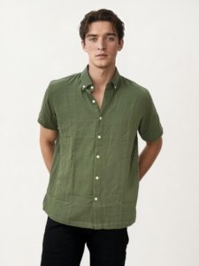 Olive Green Linen+Cotton Halfhand Shirt