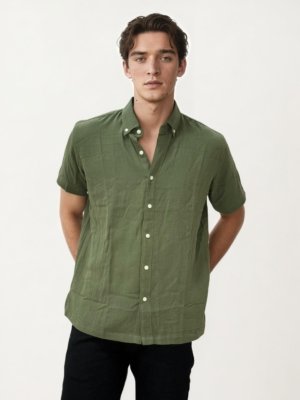 Olive Green Linen+Cotton Halfhand Shirt