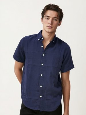 Navy Blue Linen+Cotton Halfhand Shirt
