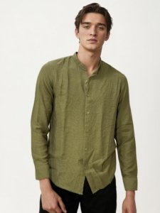 Olive Green Mandarin Collar Fullhand Shirt
