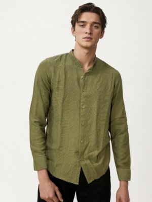 Olive Green Mandarin Collar Fullhand Shirt