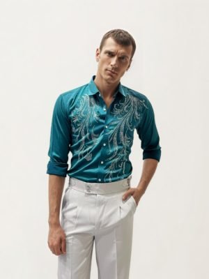 Teal Green Stone Work Party Wear Shirt
