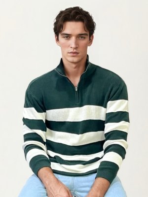 Green-White Turtle Neck Fullhand Zipper T-Shirt
