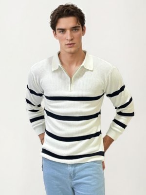 White-Black Turtle Neck Fullhand Zipper T-Shirt