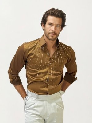 Brown Stone Work Party Wear Shirt