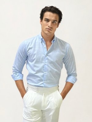 Light Blue Linen Striped Fullhand Shirt