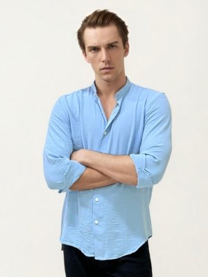 Sky Blue Mandarin Collar Fullhand Shirt