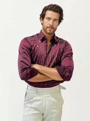 Wine Stone Work Party Wear Shirt