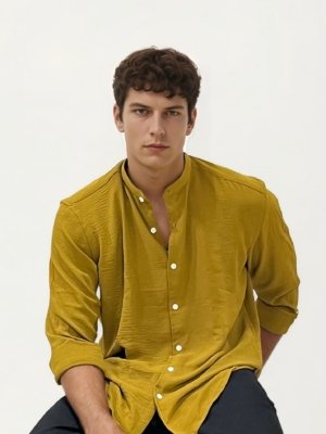 Golden Yellow Mandarin Collar Fullhand Shirt
