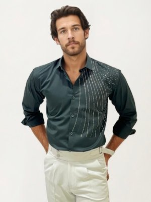 Green Stone Work Party Wear Shirt