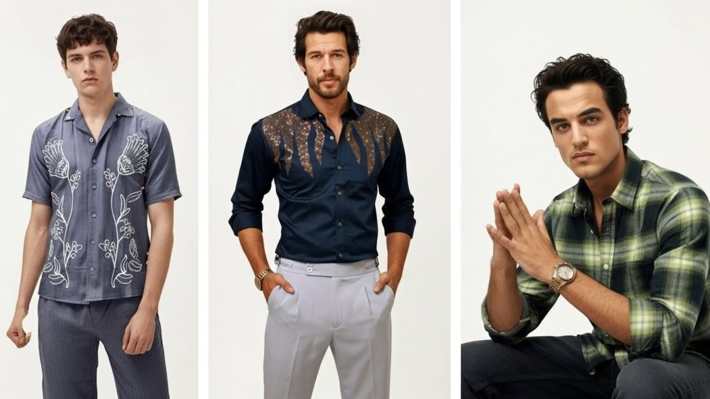 Trending styles of men’s shirts including linen shirts, stone shirts, full sleeve and half sleeve designs.
