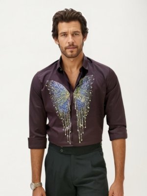 Purple Stone Work Party Wear Shirt