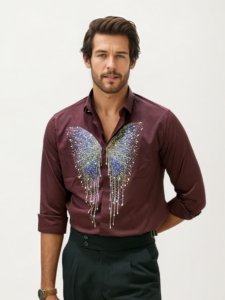 Wine Stone Work Party Wear Shirt