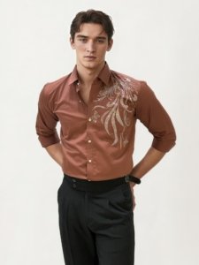 Rust Orange Stone Work Party Wear Shirt