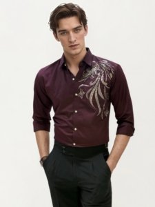 Wine Stone Work Party Wear Shirt
