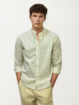 Blue-White Mandarin Collar Striped Shirt