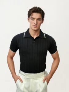 Black Old-Money Knitted Fabric Polo Shirt