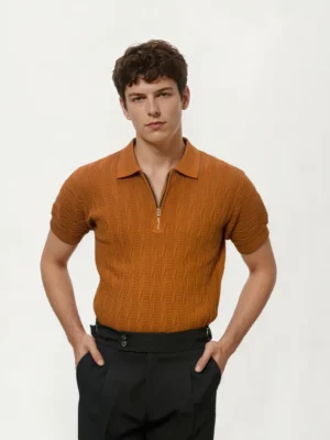 Orange Half Zip Knitted Fabric Polo Shirt