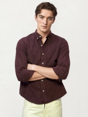 Dark-Wine Striped Full-Hand Shirt
