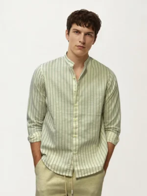 Green-White Mandarin Collar Shirt