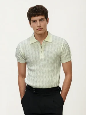White Half Zip Knitted Fabric Polo Shirt