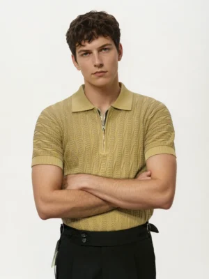 Brown Half Zip Knitted Fabric Polo Shirt