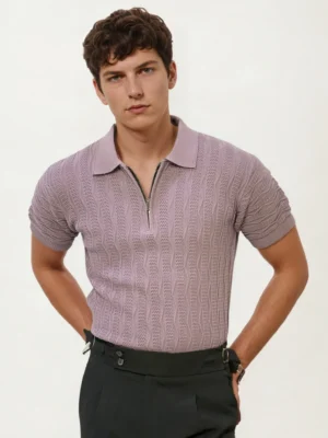 Mauve Half Zip Knitted Fabric Polo Shirt