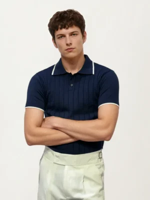 Navy-Blue Old-money Knitted Fabric Polo Shirt